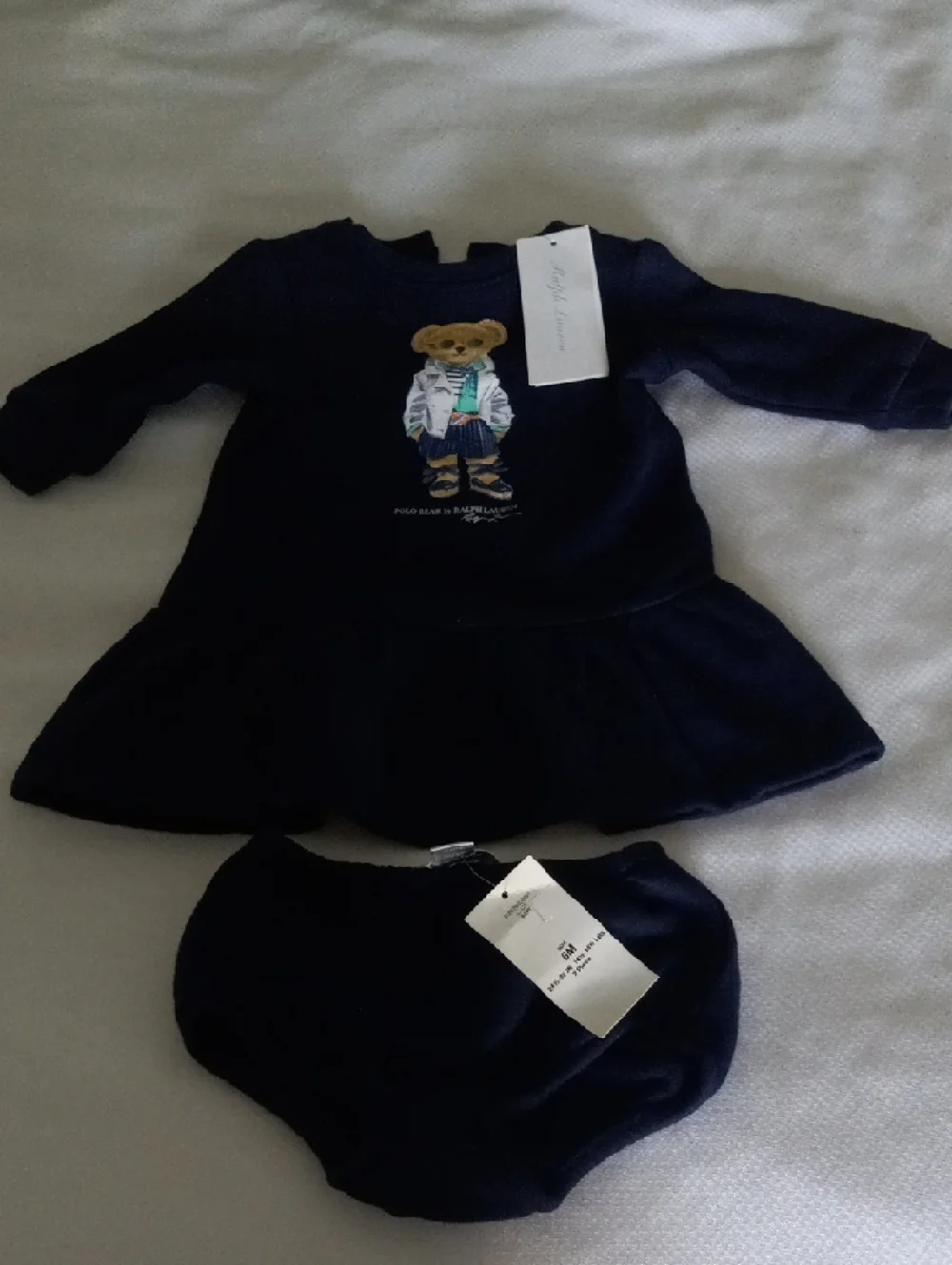 Polo Bear Ralph Lauren Girls 6 Months Dress And Bottoms Navy Blue Classic Preppy